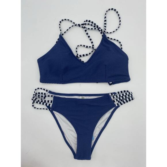 Cupshe Blue Ribbed Strappy Back Swimsuit Bikini V-Neck Cheeky Size Medium - Picture 13 of 14